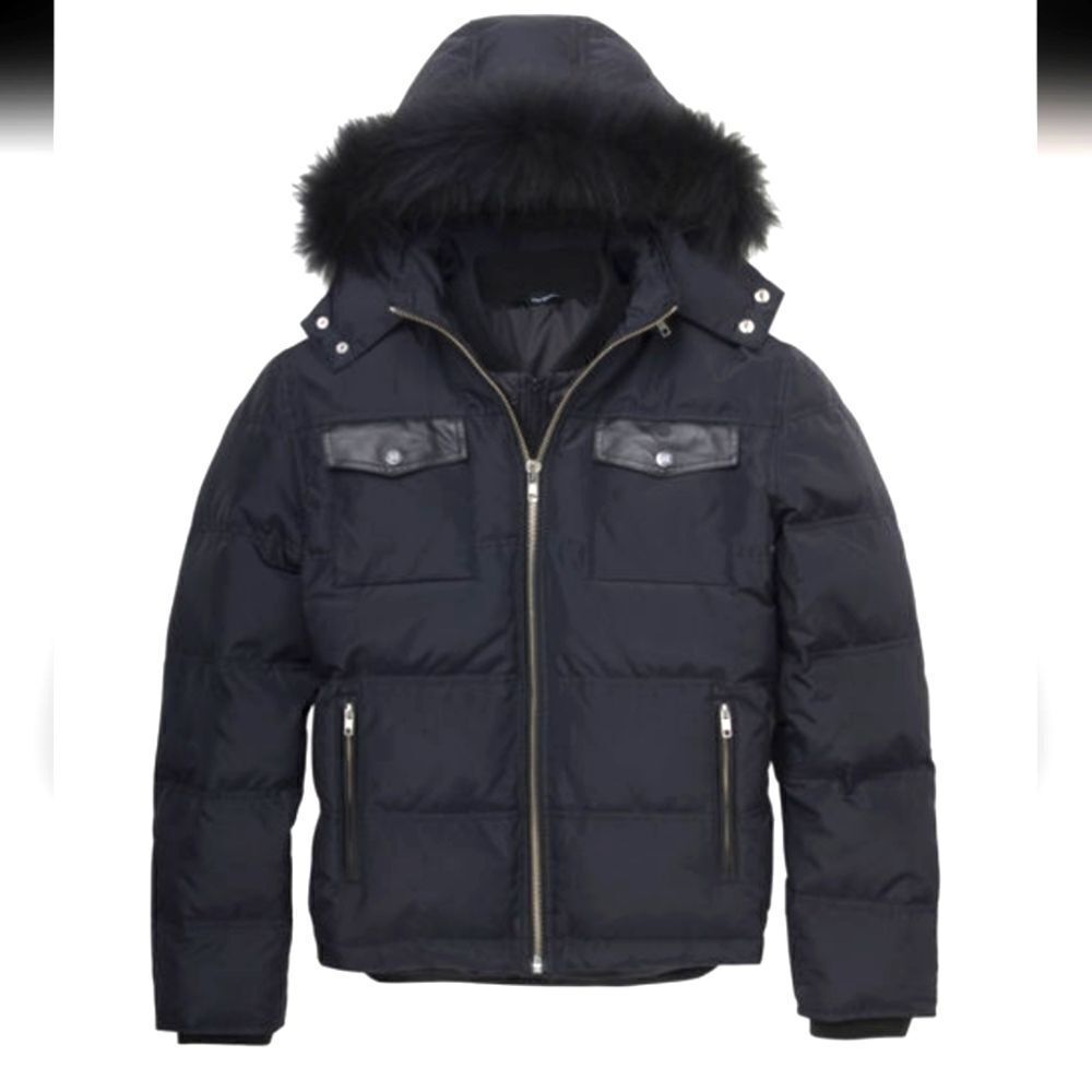 The Kooples Dark Blue Down Wool Puffer Jacket Raccoon Fur Hood Sz XS